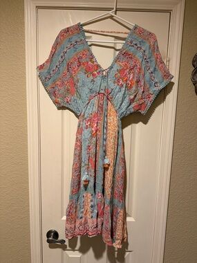 Boho Floral Tie-Waist Midi Dress in Light Blue and Coral